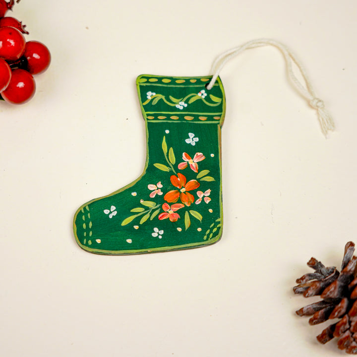 4 Pc | Handpainted Winter Bloom Green Folk MDF Ornament Set