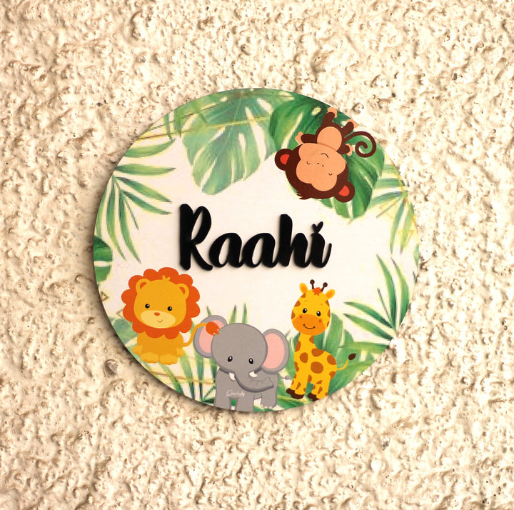 Personalized Printed Animal Kingdom Mdf Wood Kids Name Plate With 3D Letters - Mounted on Textured Wall Close-up
