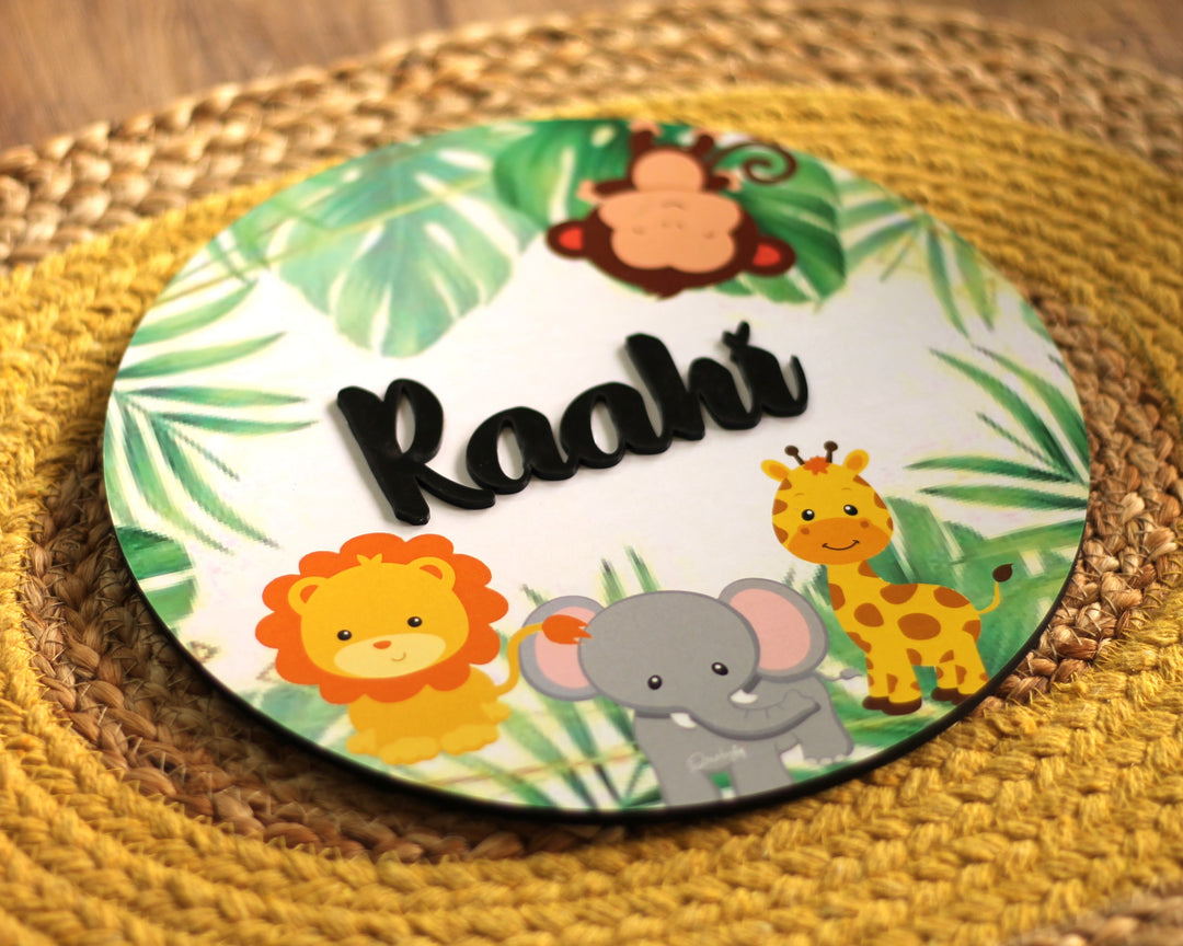 Personalized Printed Animal Kingdom Mdf Wood Kids Name Plate With 3D Letters - Top Angle Showing Name Personalization