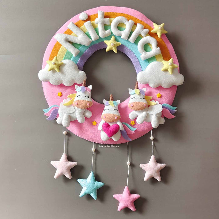 Hand-stitched Pastel Rainbow & Unicorn Themed Round Felt Kids Name Plate for Child
