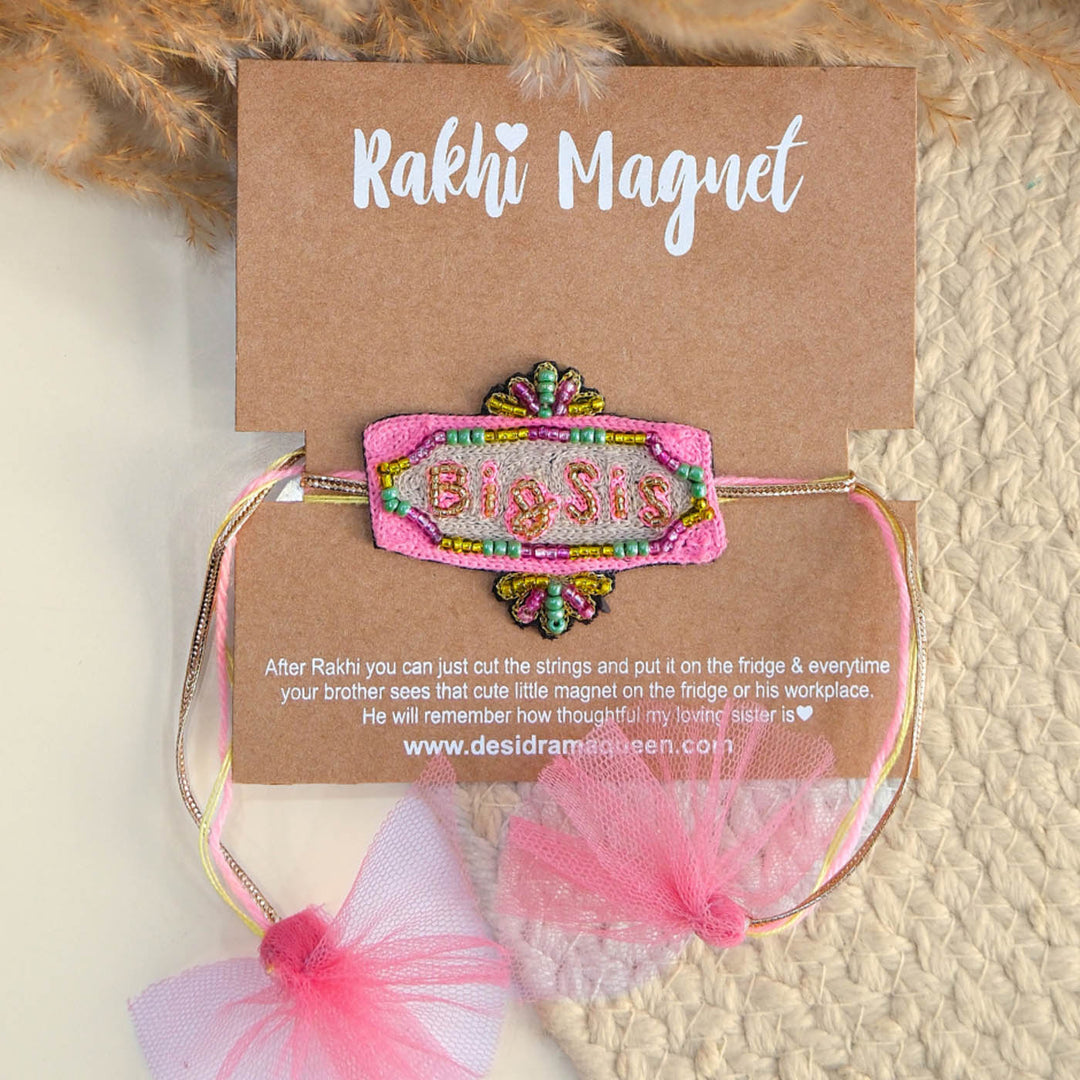 Handmade Beaded "Big Sis" Reusable Rakhi Magnet With Roli Chawal For Sister