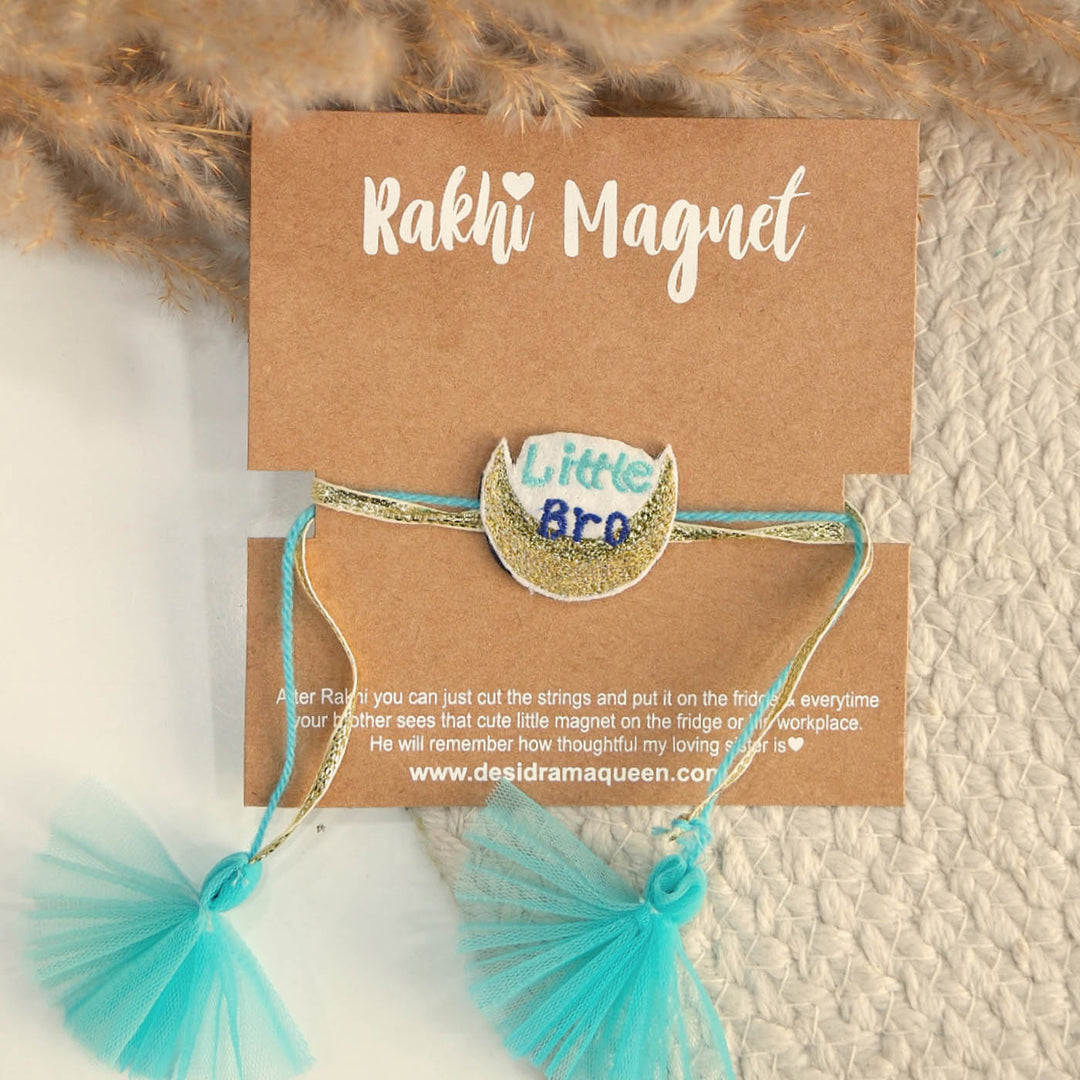 Handmade Thread Embroidered "Little Bro" Reusable Rakhi Magnet For Brother