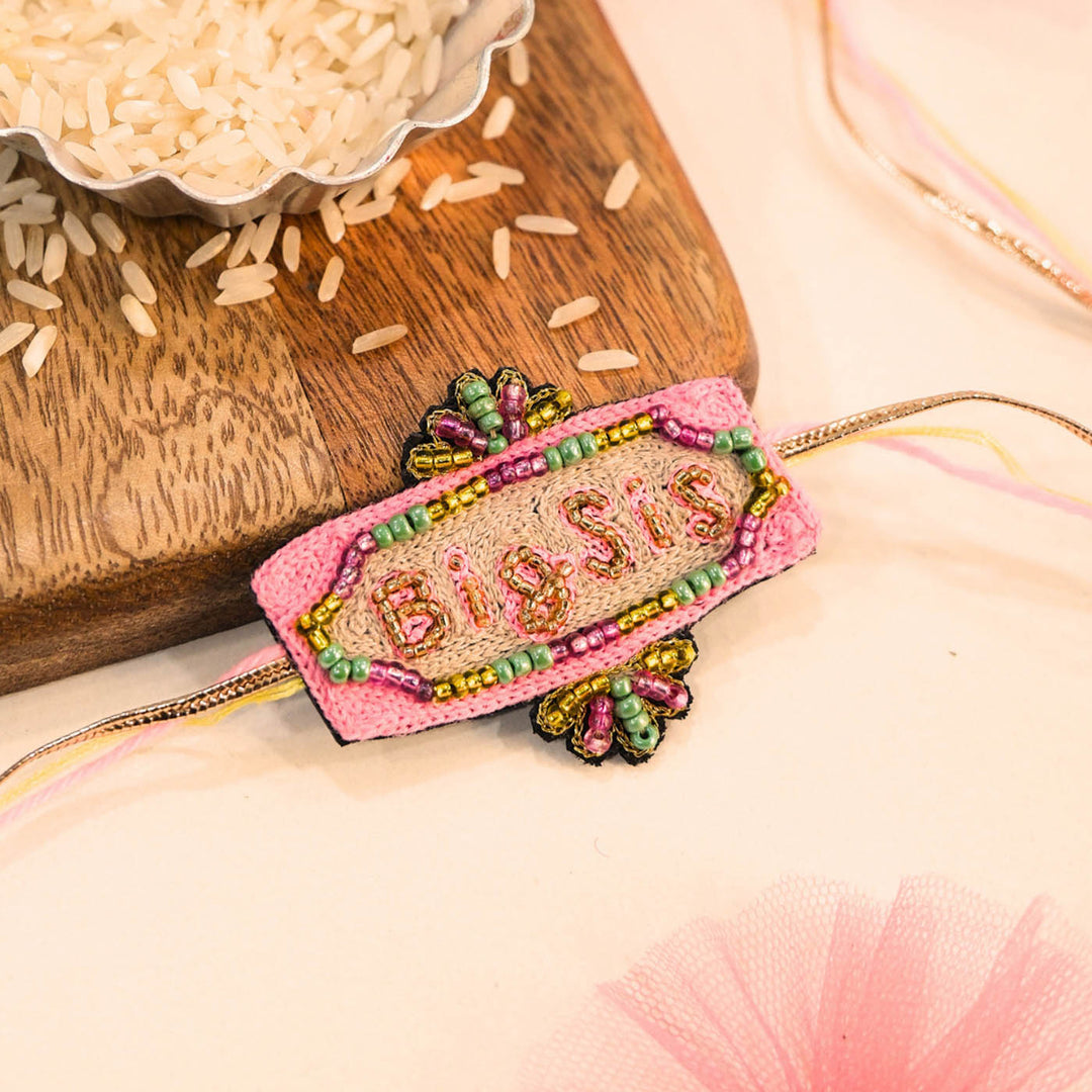 Handmade Beaded "Big Sis" Reusable Rakhi Magnet With Roli Chawal For Sister