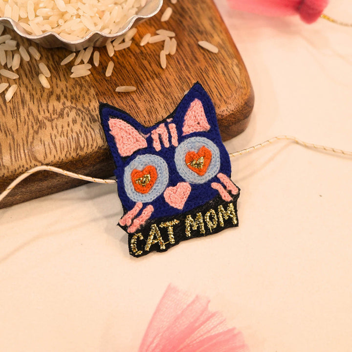 Handmade Thread Embroidered "Cat Mom" Reusable Rakhi Magnet For Sister