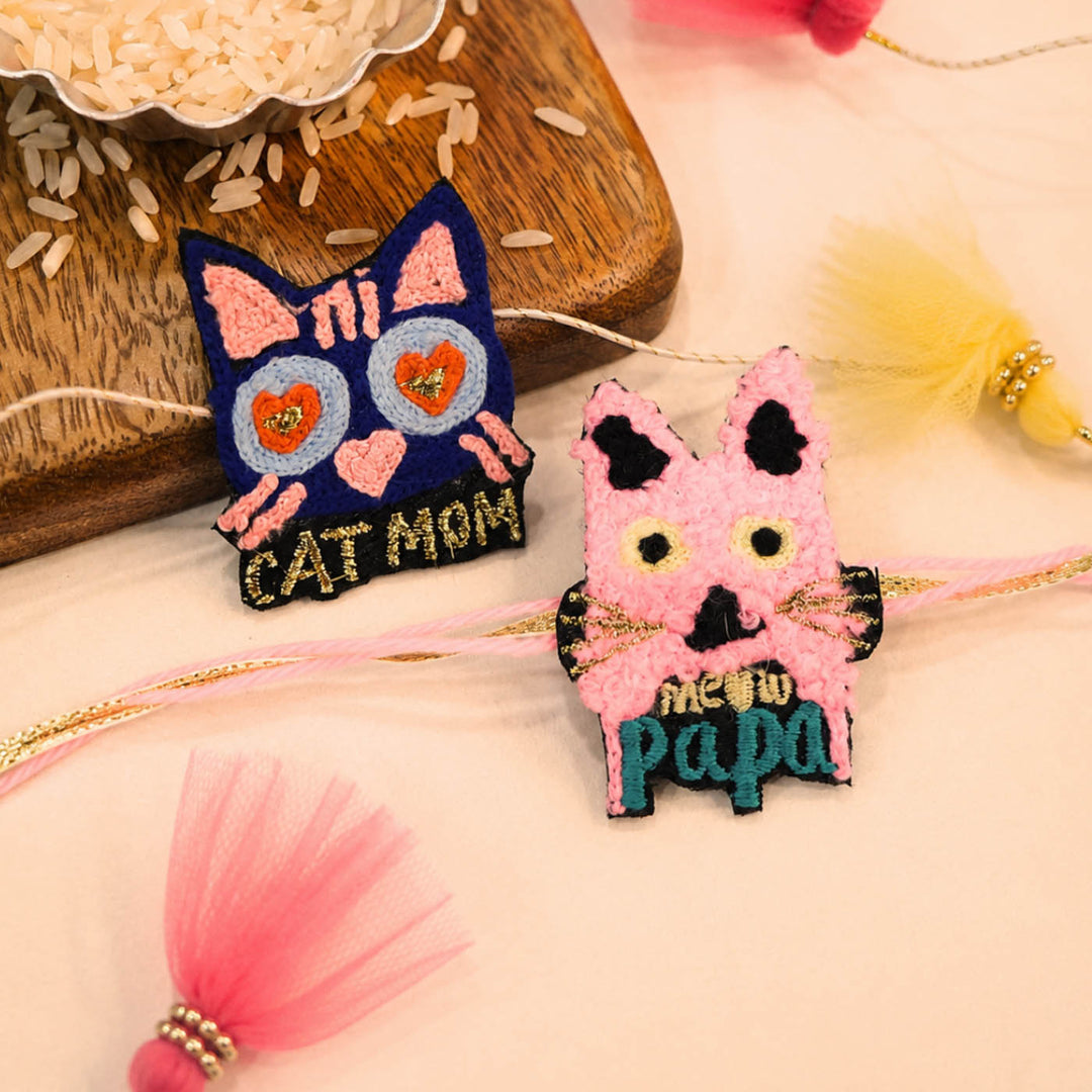 Handmade Thread Embroidered "Cat Mom & Meow Papa" Reusable Rakhi Magnet Set For Bhaiya Bhabhi | Set of 2