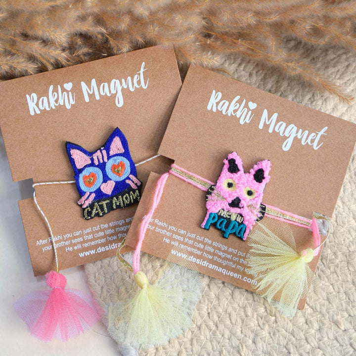 Handmade Thread Embroidered "Cat Mom & Meow Papa" Reusable Rakhi Magnet Set For Bhaiya Bhabhi | Set of 2