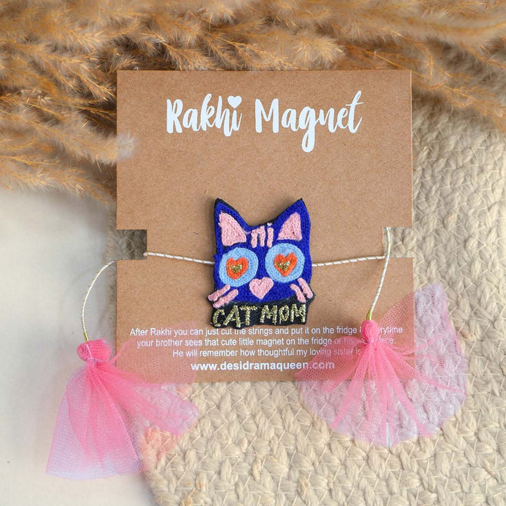 Handmade Thread Embroidered "Cat Mom" Reusable Rakhi Magnet For Sister