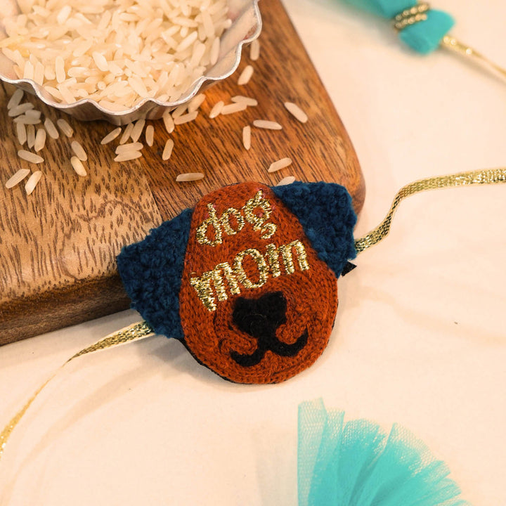 Handmade Thread Embroidered "Dog Mom" Reusable Rakhi Magnet For Sister