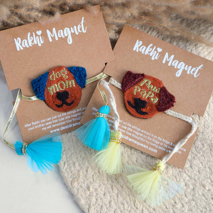 Handmade Thread Embroidered "Dog Mom & Paw Papa" Reusable Rakhi Magnet Set For Bhaiya Bhabhi | Set of 2