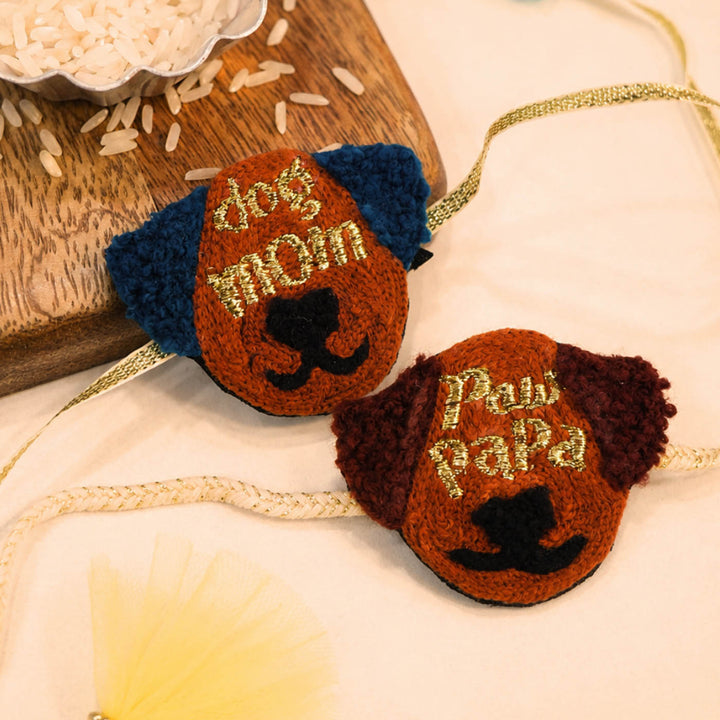 Handmade Thread Embroidered "Dog Mom & Paw Papa" Reusable Rakhi Magnet Set For Bhaiya Bhabhi | Set of 2