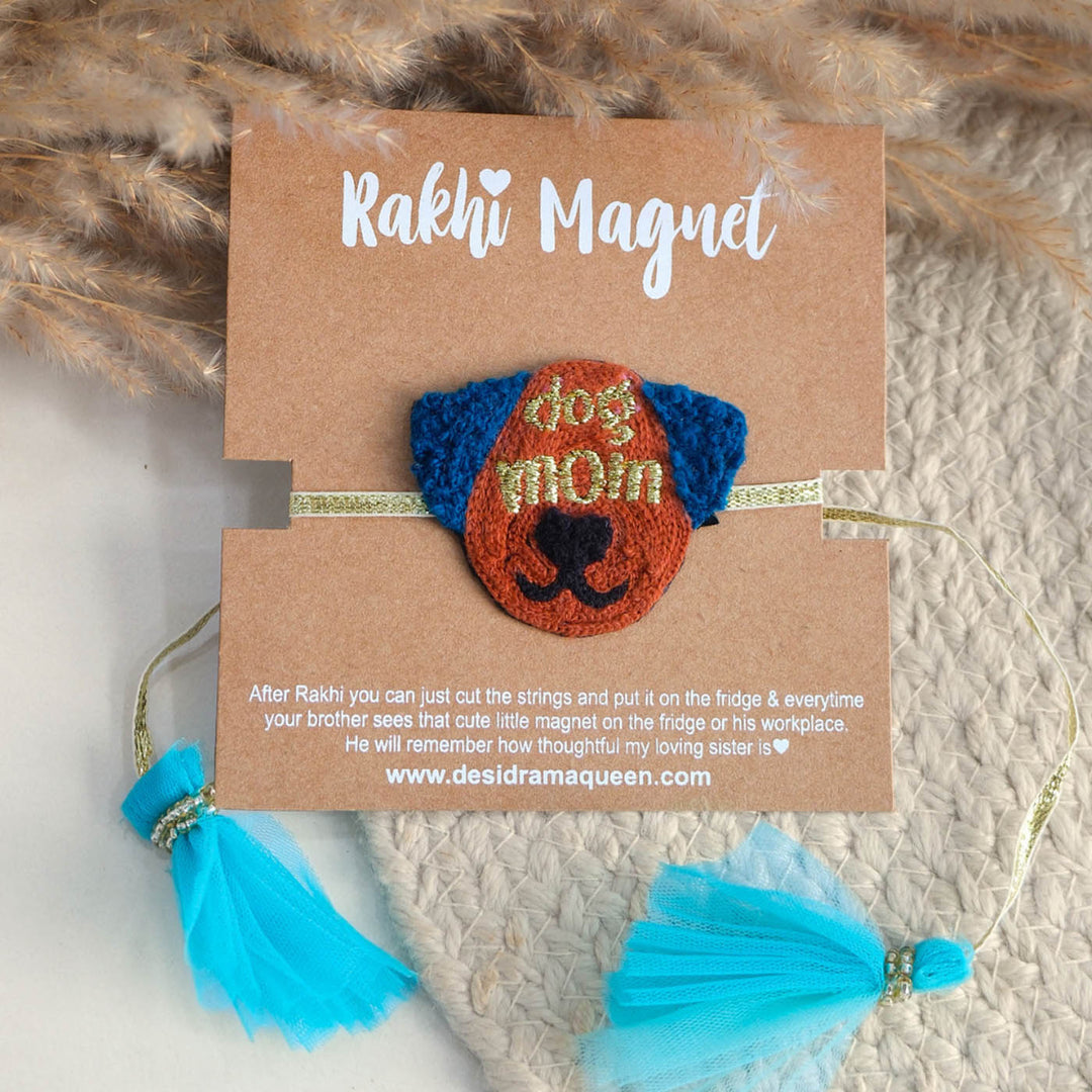 Handmade Thread Embroidered "Dog Mom" Reusable Rakhi Magnet For Sister