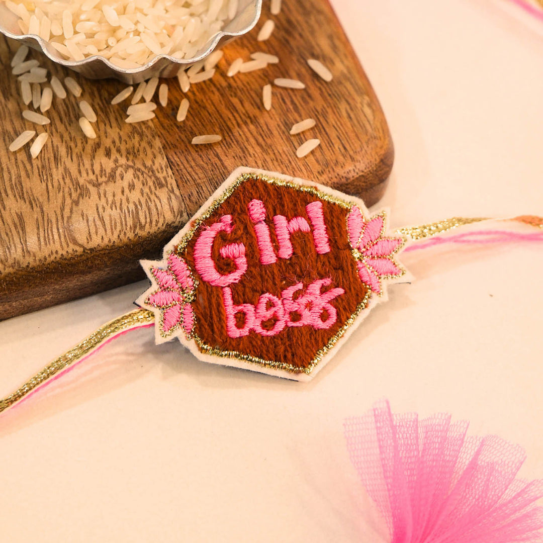 Handmade Thread Embroidered "Girl Boss" Reusable Rakhi Magnet For Sister