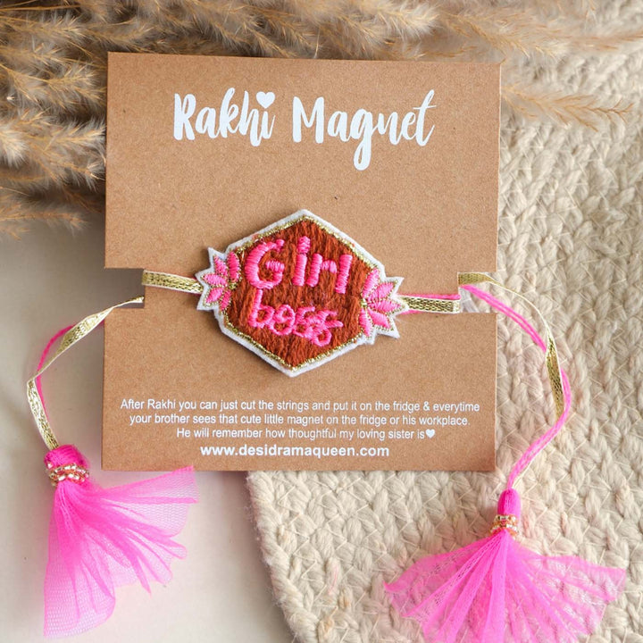 Handmade Thread Embroidered "Girl Boss" Reusable Rakhi Magnet For Sister