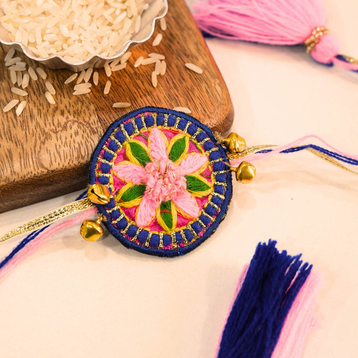 Handmade Thread Embroidered "Gulabi Mandala" Reusable Rakhi Magnet For Brother