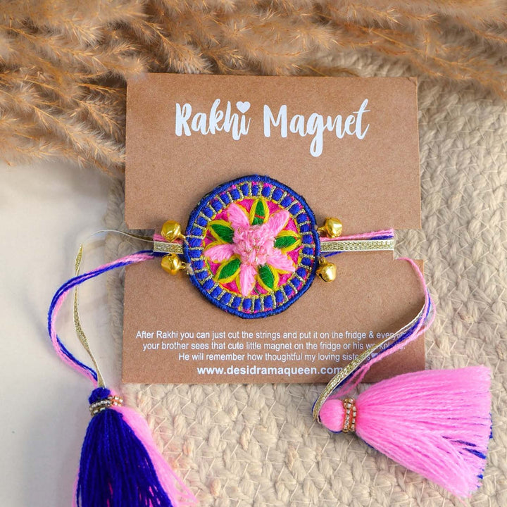 Handmade Thread Embroidered "Gulabi Mandala" Reusable Rakhi Magnet For Brother