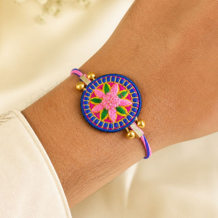 Handmade Thread Embroidered "Gulabi Mandala" Reusable Rakhi Magnet For Brother