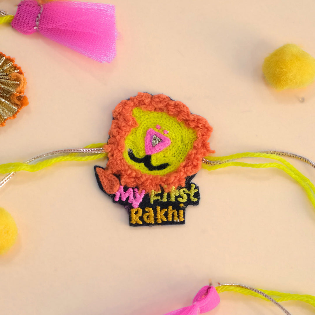 Handmade Thread Embroidered "My First Rakhi" Lion Reusable Rakhi Magnet For Baby Brother