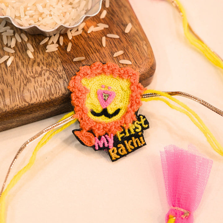 Handmade Thread Embroidered "My First Rakhi" Lion Reusable Rakhi Magnet For Baby Brother