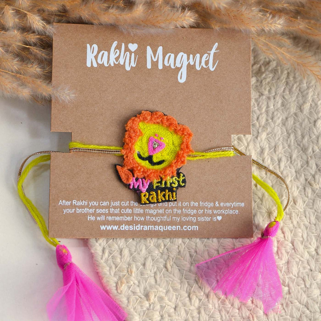 Handmade Thread Embroidered "My First Rakhi" Lion Reusable Rakhi Magnet For Baby Brother