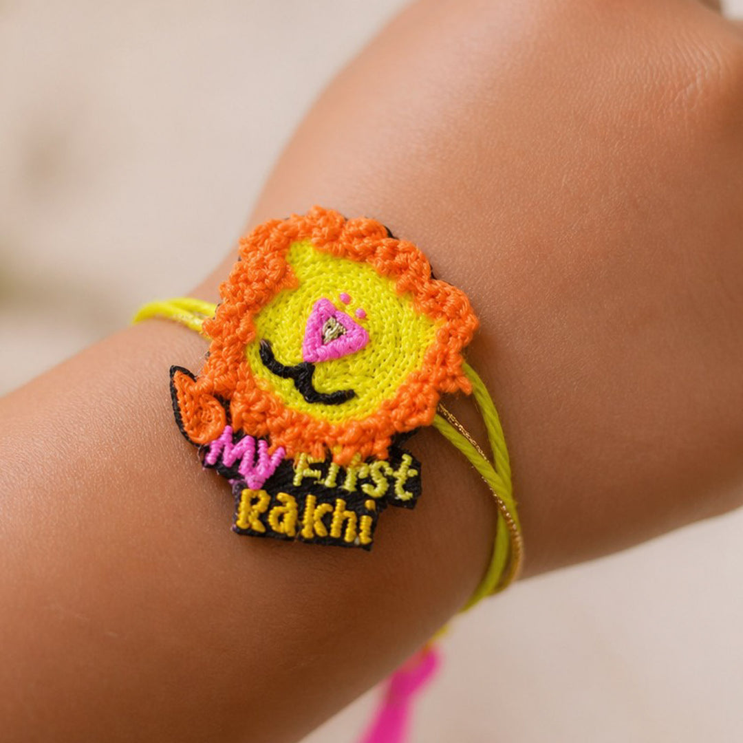 Handmade Thread Embroidered "My First Rakhi" Lion Reusable Rakhi Magnet For Baby Brother