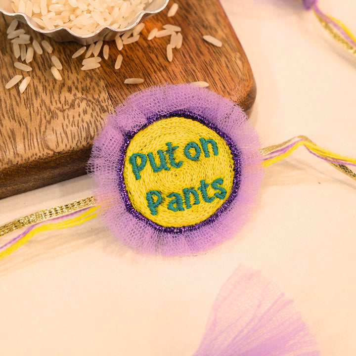 Handmade Thread Embroidered "Put On Pants" Reusable Rakhi Magnet For Brother