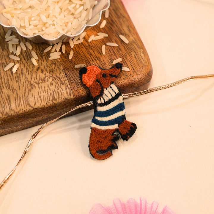 Handmade Thread Embroidered "Wiener Dog" Reusable Rakhi Magnet For Brother
