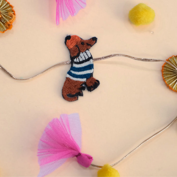 Handmade Thread Embroidered "Wiener Dog" Reusable Rakhi Magnet For Brother