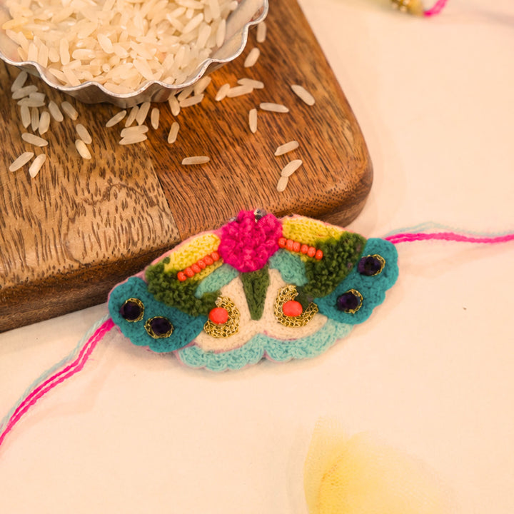 Handmade Thread Embroidered "Butterfly" Reusable Couple Rakhi & Lumba Magnet Set For Bhaiya Bhabhi | Set of 2