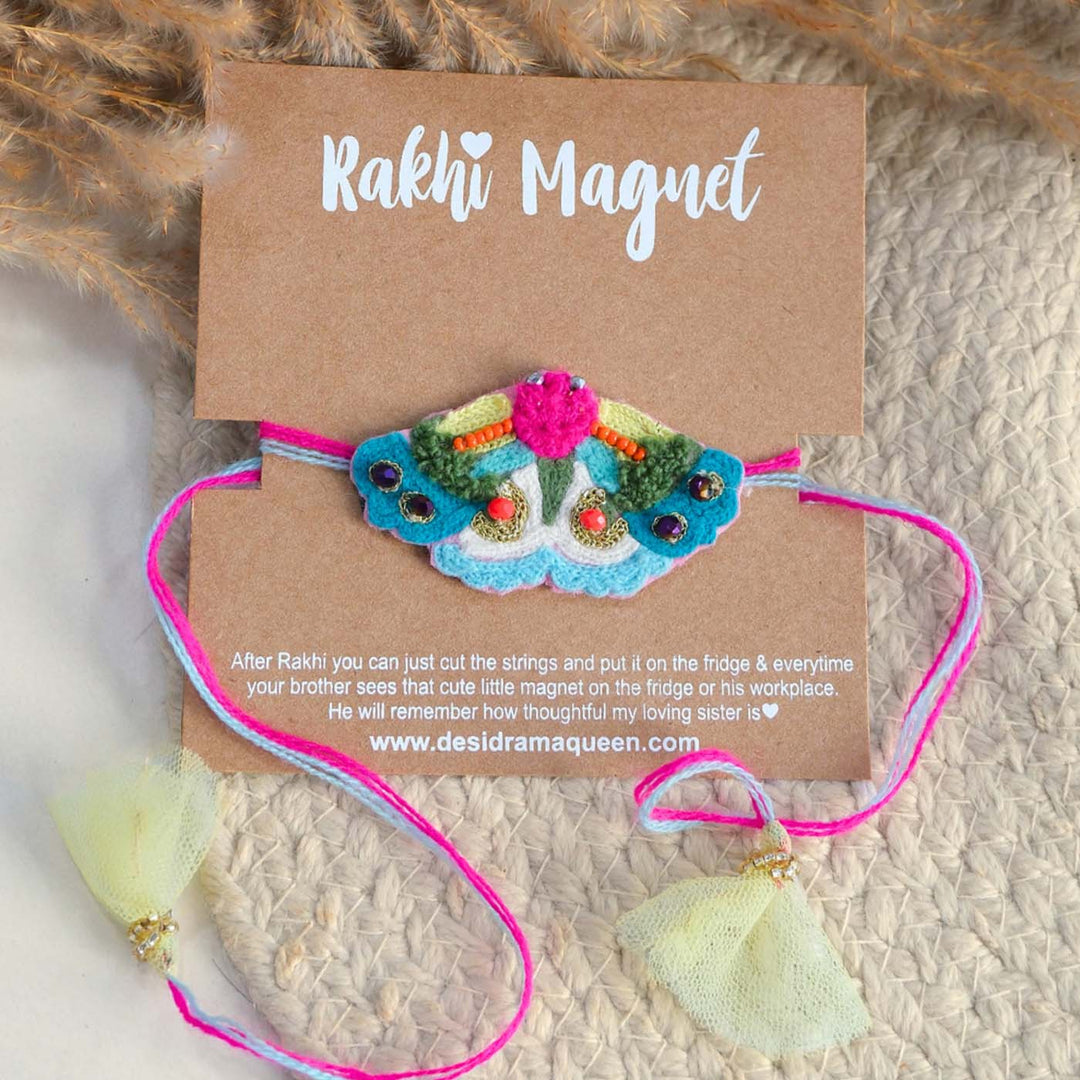Handmade Thread Embroidered "Butterfly" Reusable Couple Rakhi & Lumba Magnet Set For Bhaiya Bhabhi | Set of 2