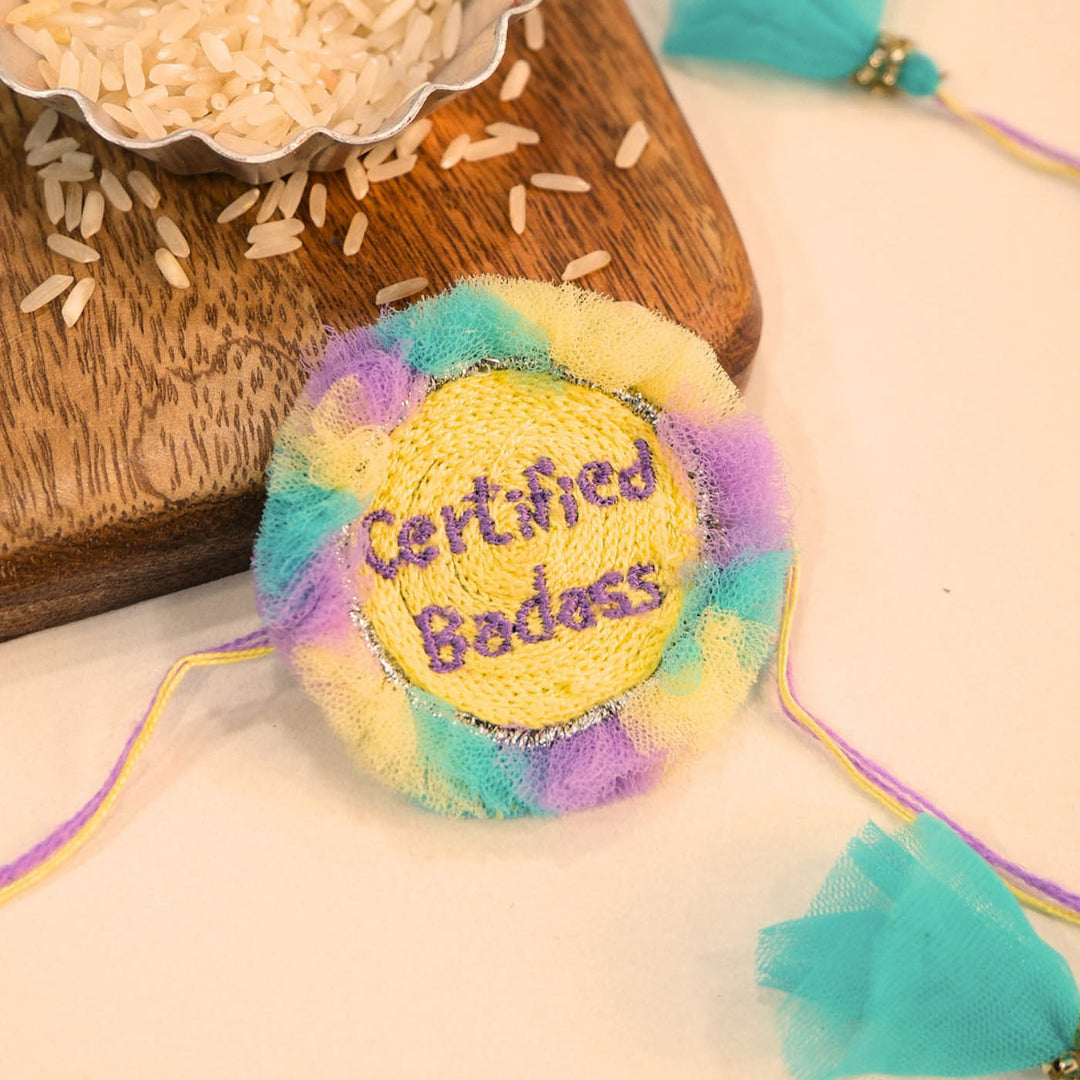 Handmade Thread Embroidered "Certified Badass" Reusable Rakhi Magnet For Brother