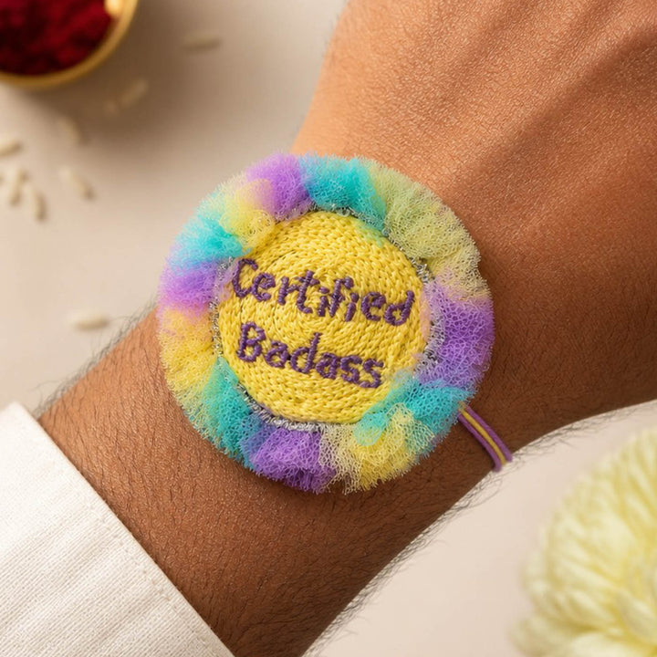 Handmade Thread Embroidered "Certified Badass" Reusable Rakhi Magnet For Brother