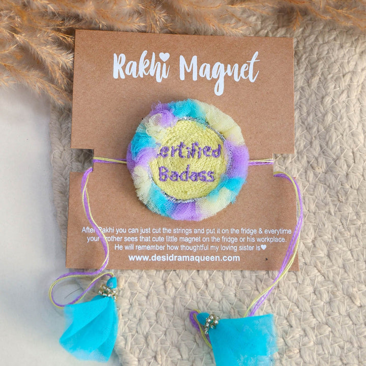 Handmade Thread Embroidered "Certified Badass" Reusable Rakhi Magnet For Brother