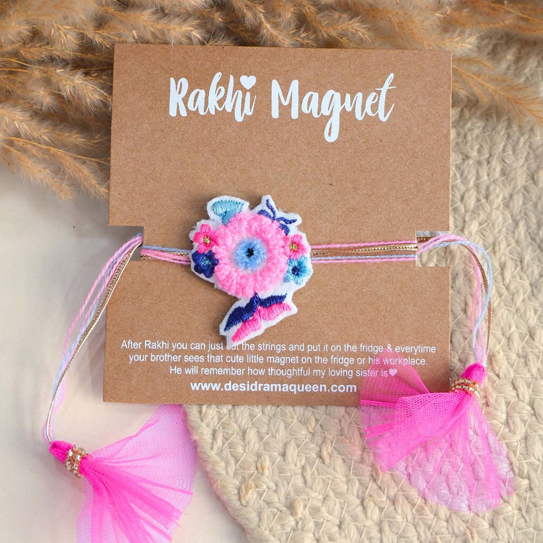 Handmade Thread Embroidered "Evil Eye Flower Butterfly" Reusable Rakhi Magnet For Brother