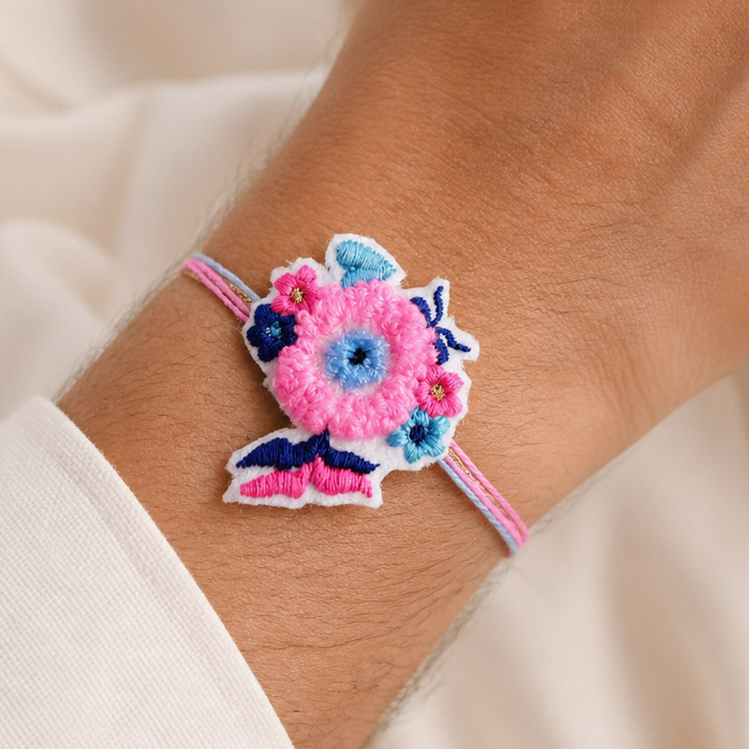 Handmade Thread Embroidered "Evil Eye Flower Butterfly" Reusable Rakhi Magnet For Brother