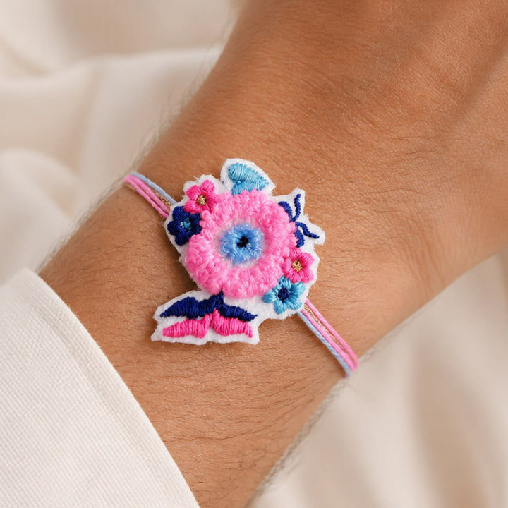 Handmade Thread Embroidered "Evil Eye Flower Butterfly" Reusable Rakhi Magnet For Brother