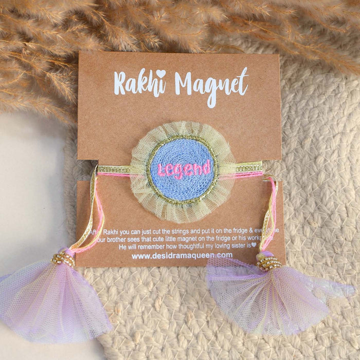 Handmade Thread Embroidered "Legend" Reusable Rakhi Magnet For Brother