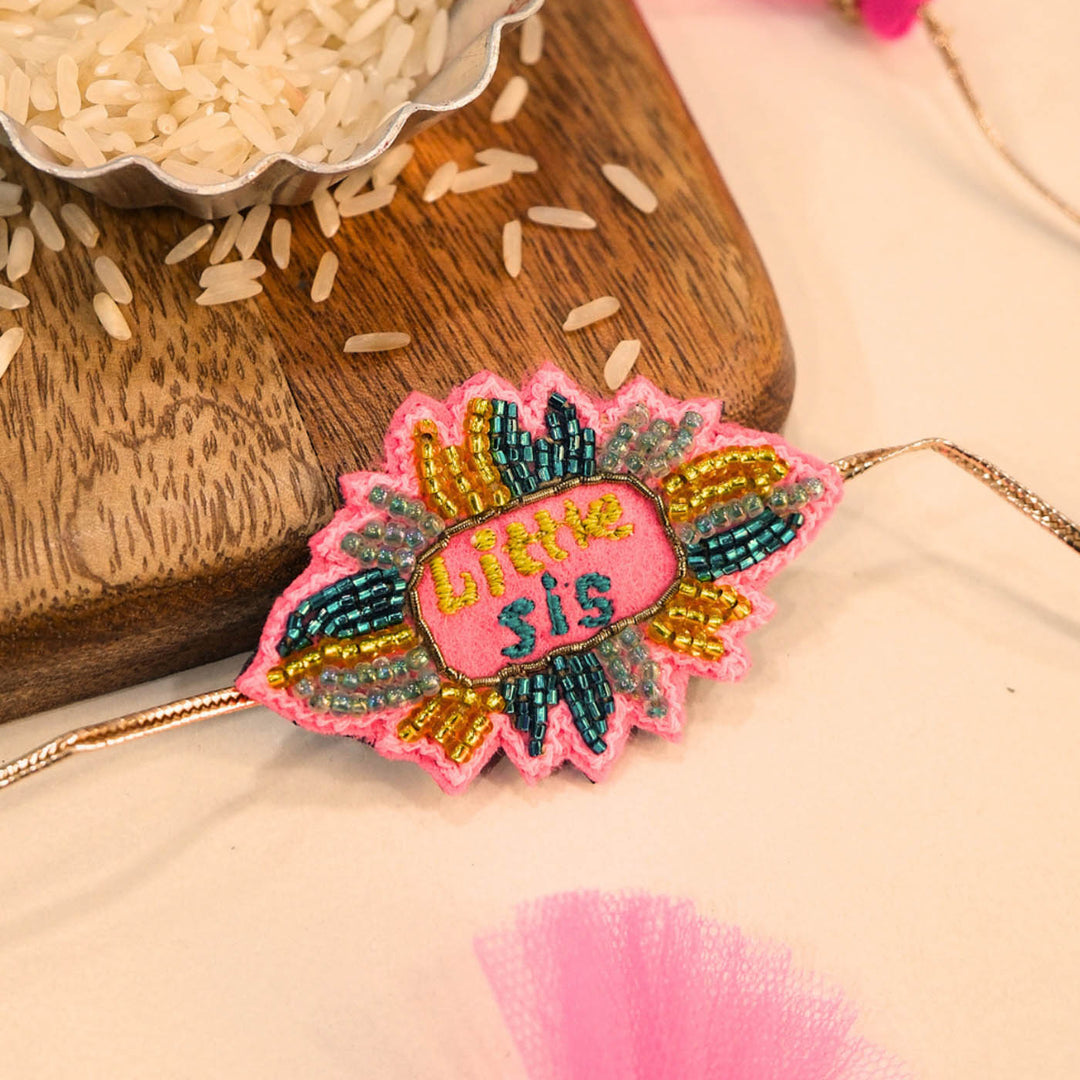 Handmade Beaded "Little Sis" Reusable Rakhi Magnet For Sister