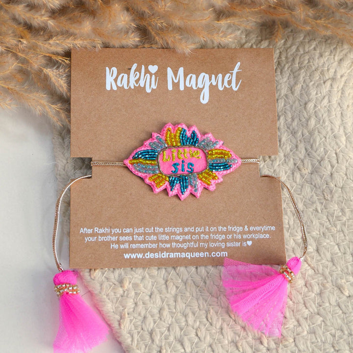 Handmade Beaded "Little Sis" Reusable Rakhi Magnet For Sister