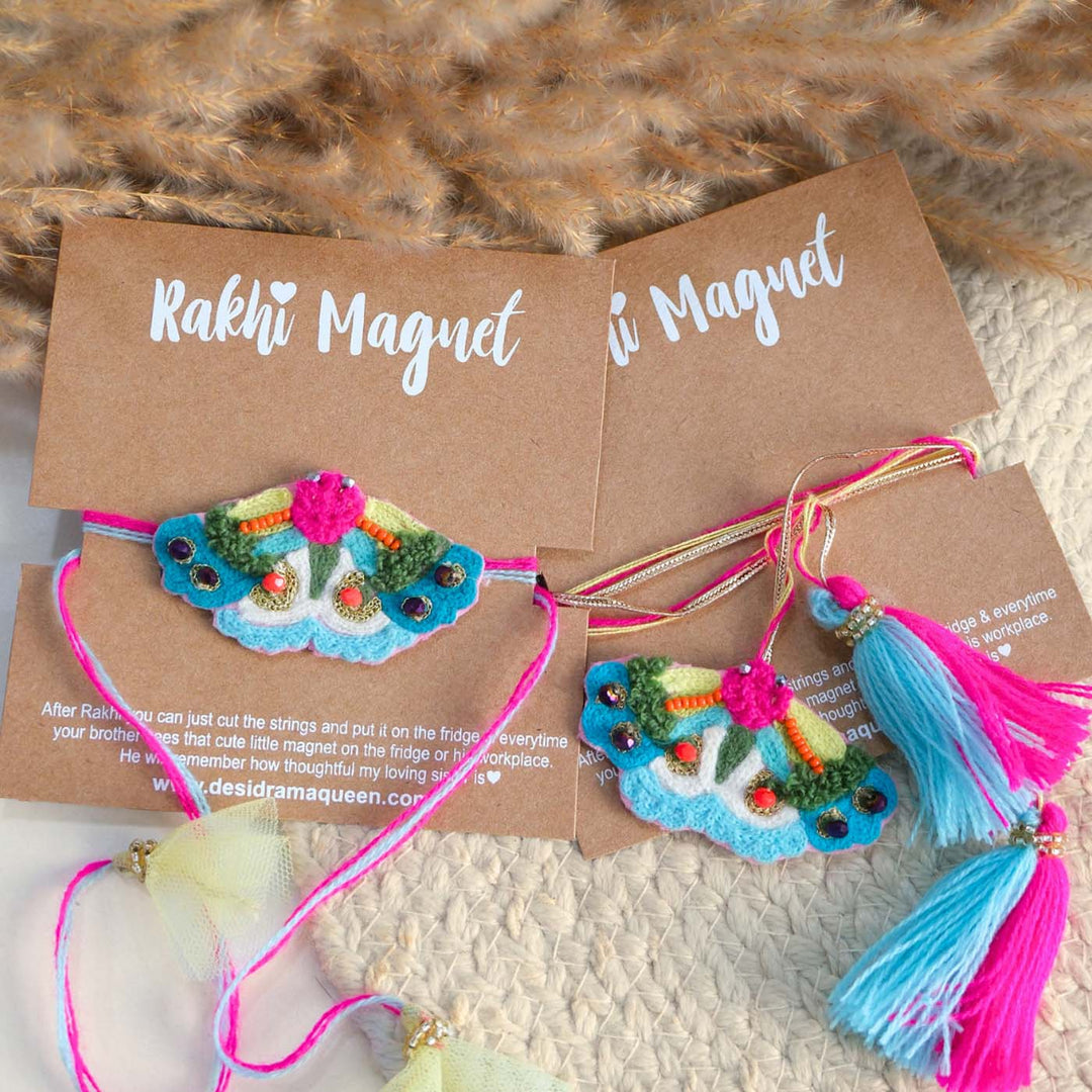 Handmade Thread Embroidered "Butterfly" Reusable Couple Rakhi & Lumba Magnet Set For Bhaiya Bhabhi | Set of 2