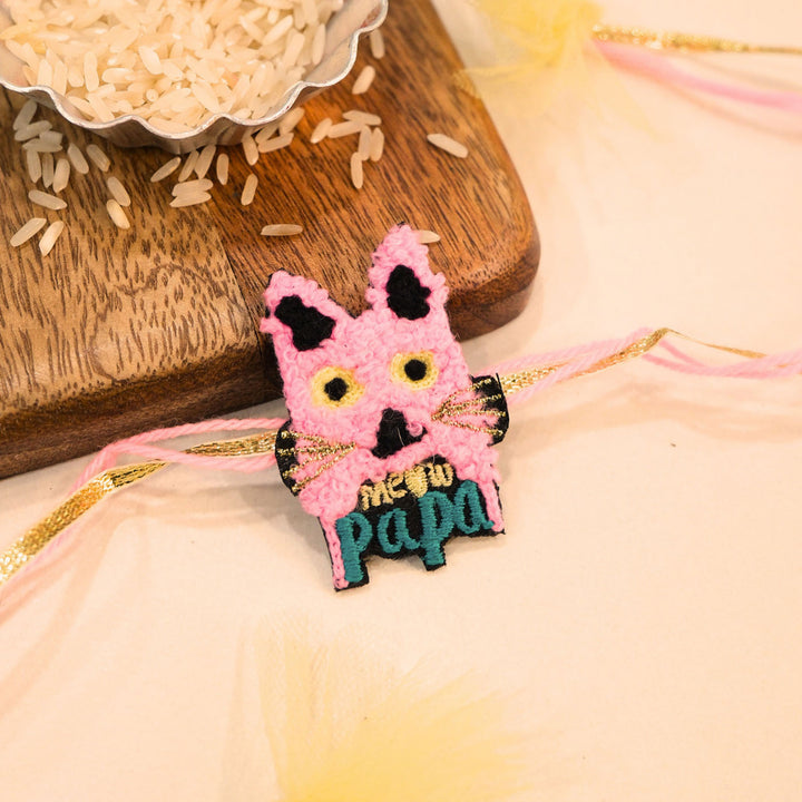Handmade Thread Embroidered "Meow Papa" Reusable Rakhi Magnet For Brother