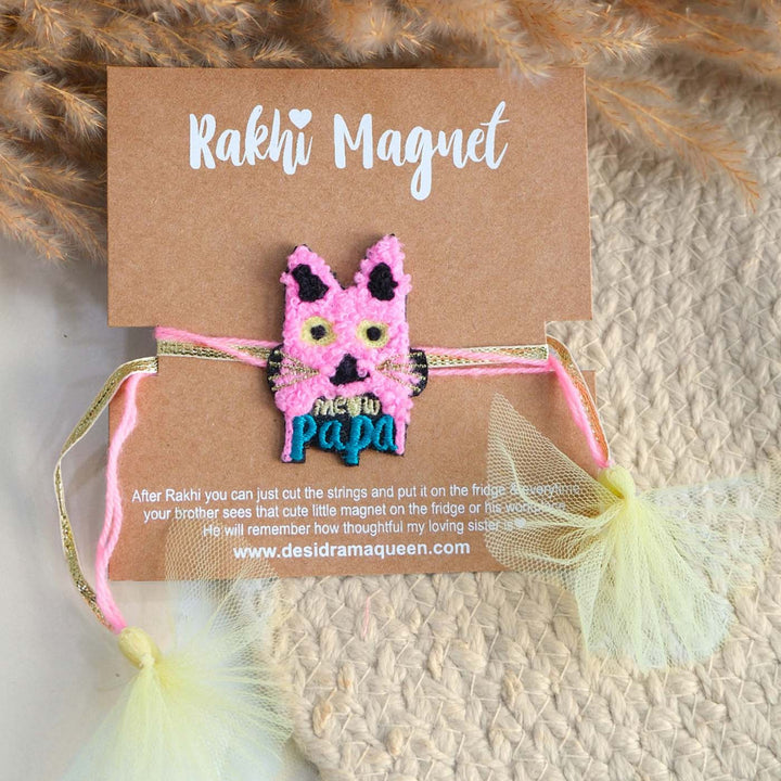 Handmade Thread Embroidered "Meow Papa" Reusable Rakhi Magnet For Brother