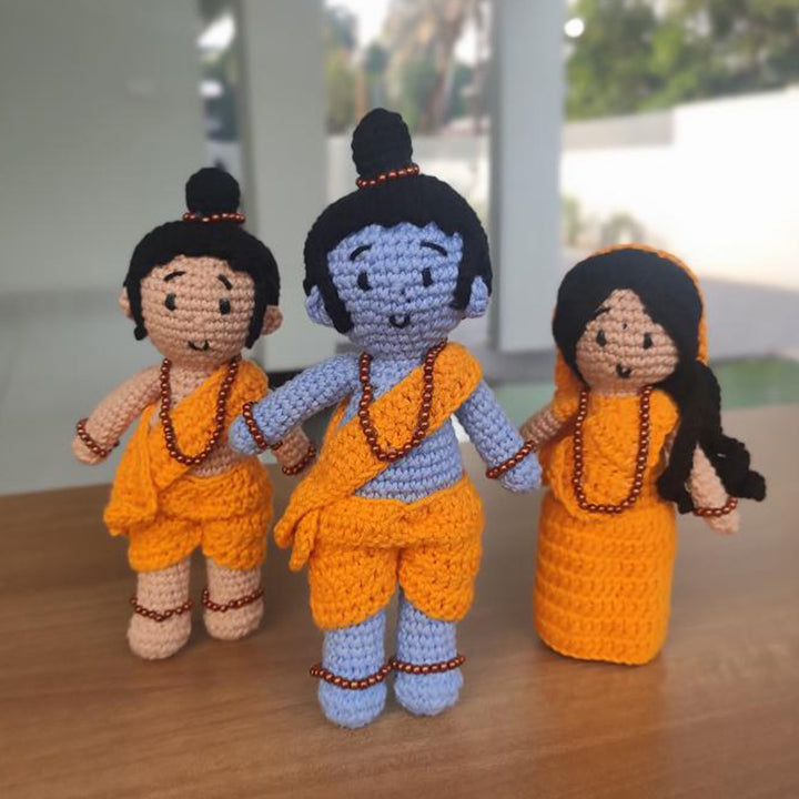 Set of 3 | Handmade Ramayana Ram, Sita & Laxman Crochet Cotton Golu Dolls For Gifting & Decor