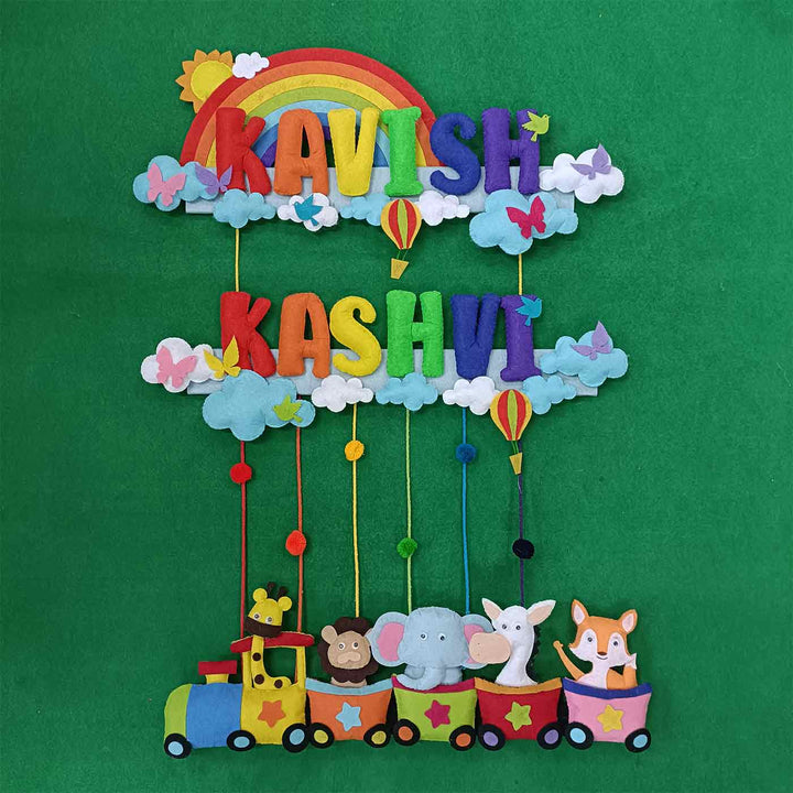 Handcrafted Personalized Felt Name Plate for Siblings | Rainbow Train