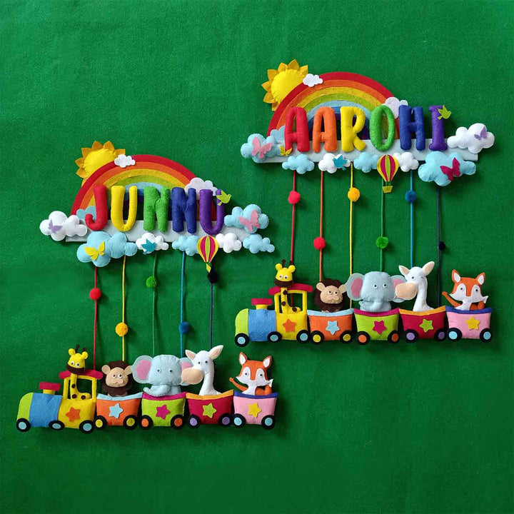 Handcrafted Personalized Felt Name Plate for Siblings | Rainbow Train