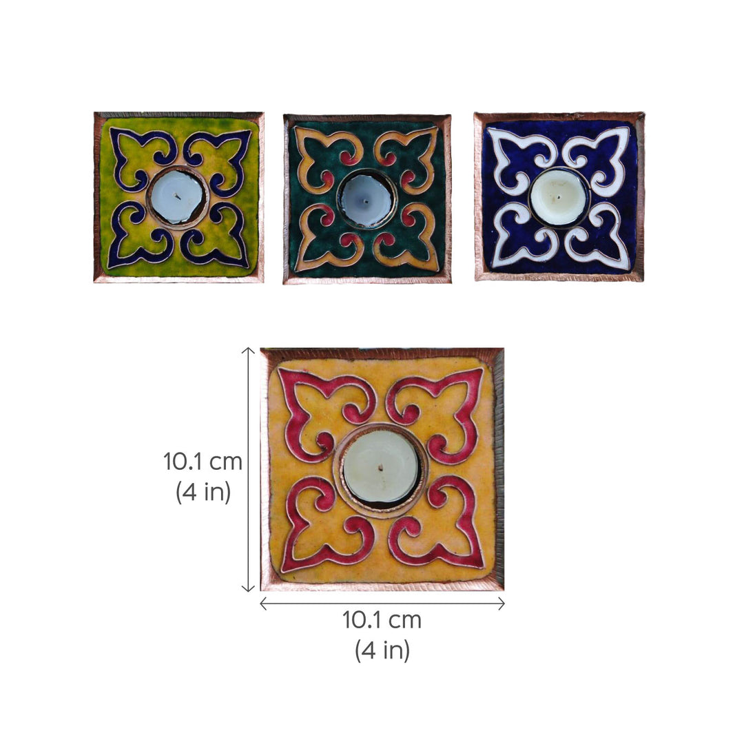 Copper Enamel Square Rangoli Tealight Holders I Set of 2