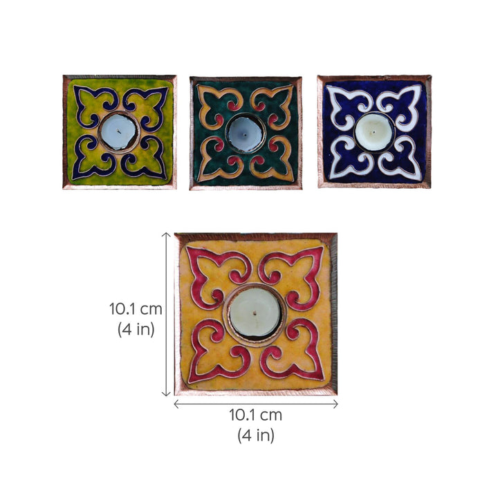 Copper Enamel Square Rangoli Tealight Holders I Set of 2