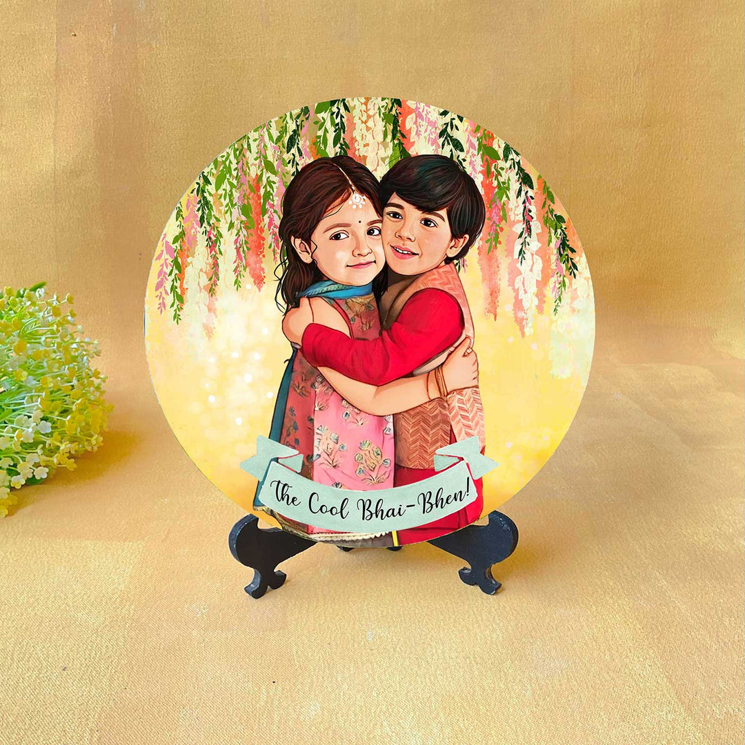 Photo Customized Rakhi Hamper With Caricature Nameplate 1 - Front View on Stand