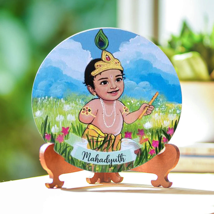 Photo Caricature Name Plate With Stand For Kids 16 - Front View on Wooden Stand