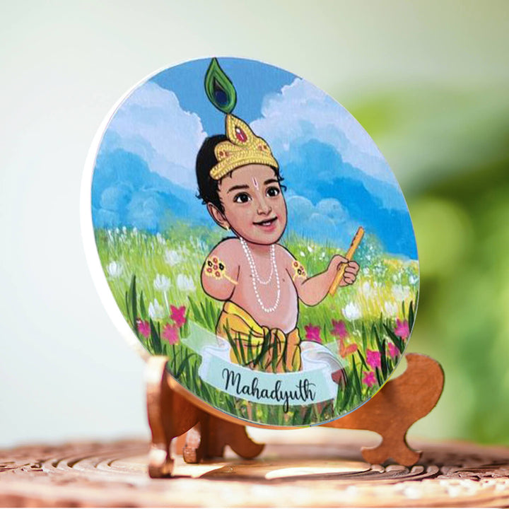 Photo Caricature Name Plate With Stand For Kids 16 - Angled Front View on Wooden Stand