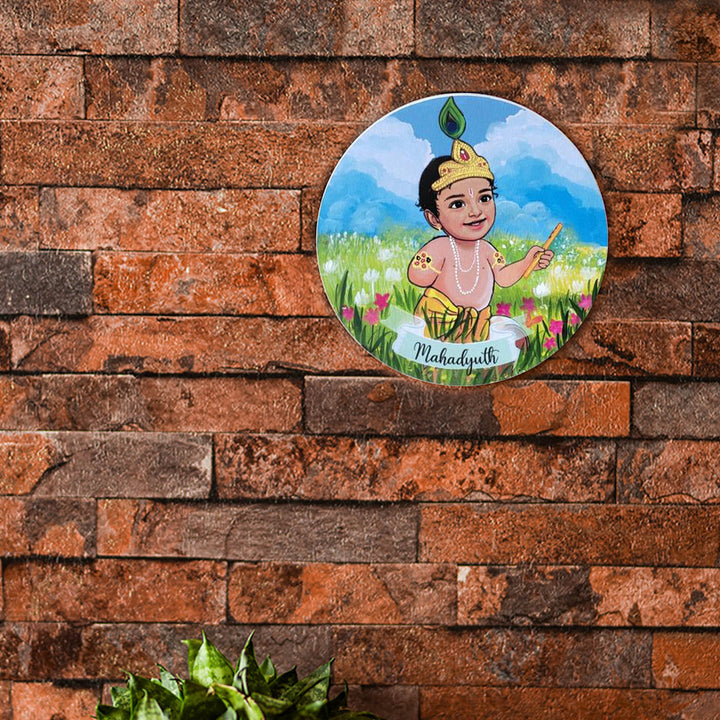 Photo Caricature Name Plate With Stand For Kids 16 - Mounted on Brick Wall Front View